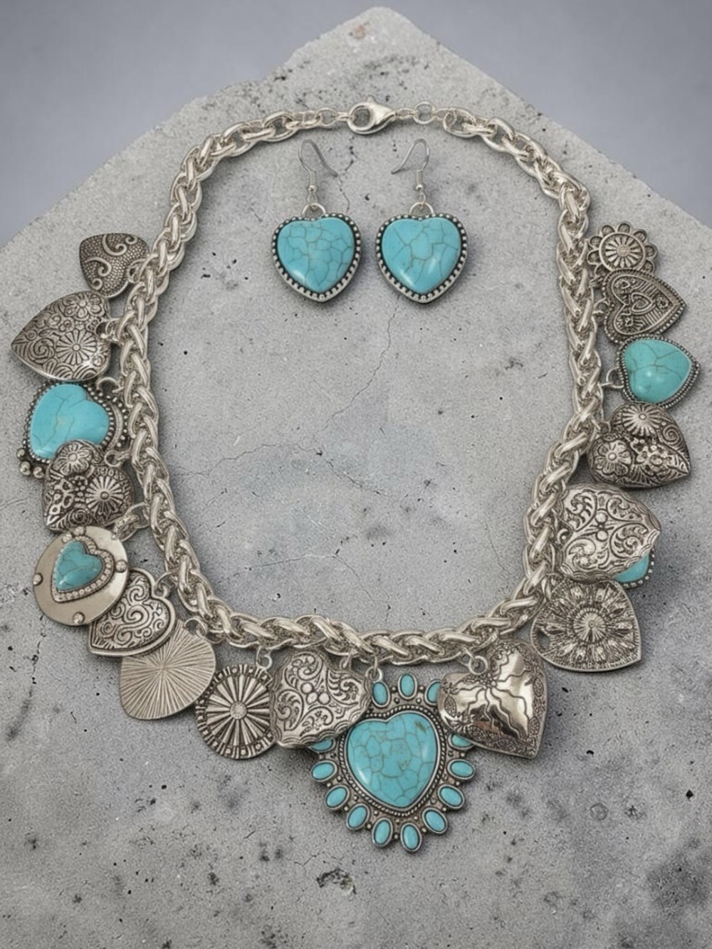 paparazzi Turquoise Heart Charm Necklace and Earring Set